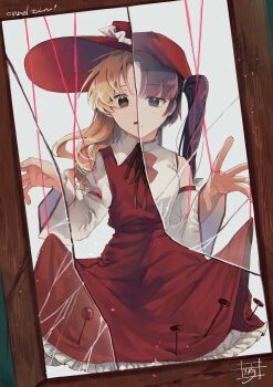 2girls bare_shoulders blonde_hair bow bowtie brown_headwear brown_ribbon brown_skirt brown_vest newsboy_cap closed_mouth collared_shirt commentary_request commission dolls_in_pseudo_paradise fingernails frilled_hat frilled_skirt frills hat highres jacket_girl_(dipp) label_girl_(dipp) long_hair long_sleeves mandarin_collar multiple_girls neck_ribbon open_mouth portrait_(object) puppet_strings purple_eyes purple_hair red_bow red_bowtie red_headwear red_skirt ribbon shirt side_ponytail signature skeb_commission skirt smile stack touhou vest wadante wavy_hair white_shirt white_sleeves white_vest wide_sleeves worried yellow_eyes