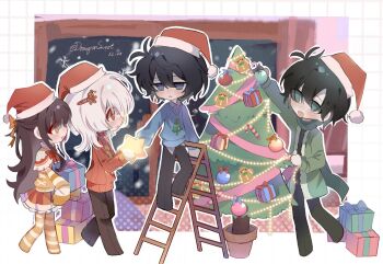 1girl 3boys :d akinashi_haru akinashi_natsuki alternate_costume annoyed black_hair blue_sweater bow brown_hair christmas christmas_sweater christmas_tree coat dated decorating_christmas_tree drapensweet1102 food-themed_hair_ornament from_side gift gingerbread_man_hair_ornament green_coat green_necktie hair_bow hair_ornament hat highres holding holding_gift holding_star indoors ladder male_focus multiple_boys necktie no_feet open_mouth orange_sweater pants profile red_eyes ribbed_sweater saihate_eki santa_hat sleeves_past_fingers sleeves_past_wrists smile star_(symbol) stepladder sweater tatsunami_shion tenjiku_aoi white_hair