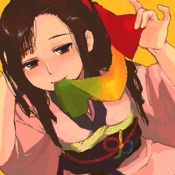 1girl 95-tan black_sash bow breasts brown_eyes brown_hair clothes_in_mouth hair_bow hands_up jaggy_lines japanese_clothes kimono long_hair looking_at_viewer lowres medium_breasts mouth_hold multicolored_bow obi open_mouth os-tan pink_kimono saburou_(326xxx1) sash simple_background smile solo wide_sleeves yellow_background
