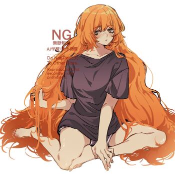 1girl absurdly_long_hair alternate_costume breasts collarbone freckles green_eyes grey_shorts highres ishmael_(project_moon) limbus_company long_hair medium_breasts no_hair_ornament orange_hair project_moon short_sleeves shorts sidelocks simple_background sitting solo very_long_hair vx7givcony78710 white_background yokozuwari