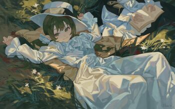 2girls absurdres apron arms_up black_dress book closed_mouth commentary_request dress flower frilled_apron frills green_eyes green_hair hat highres knees_up long_sleeves looking_at_viewer lying maid multiple_girls on_back on_grass open_book original puffy_long_sleeves puffy_sleeves sentter smile solo_focus white_apron white_dress white_flower white_hat