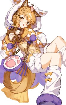 1girl absurdres animal animal_ears animal_hood bag blonde_hair bone_ornament bow brown_eyes chain checkered_clothes commentary_request dog dog_ears dog_girl dog_hood erune feet_out_of_frame granblue_fantasy highres holding holding_animal holding_dog hood kneehighs looking_at_viewer shiro_wa_(shiroshironix) shoulder_bag simple_background smile socks solo tongue tongue_out vajra_(granblue_fantasy) white_background white_socks yellow_bow