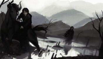 2boys absurdres bare_tree black_hair black_robe black_tunic crown dual_persona dutch_angle full_body gloxartx highres holding holding_reins horse lake mad_prince male_focus mountainous_horizon multiple_boys reins robe serious shadow_slave splashing sunny_(shadow_slave) torn_tunic tree tunic