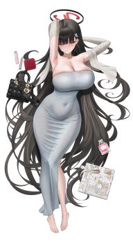 1girl :o absurdres alternate_costume armpits arms_behind_head arms_up barefoot black_hair blue_archive blush breasts commentary_request covered_navel dongtan_dress dress full_body grey_dress hair_behind_ear hair_spread_out halo highres huge_breasts incredibly_absurdres jacket korean_commentary long_dress long_hair looking_at_viewer lying momoriko on_back open_clothes open_jacket panties_visible_through_clothes parted_lips red_eyes red_halo rio_(blue_archive) simple_background solo tight_clothes tight_dress transparent_background very_long_hair white_jacket