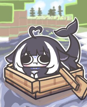 1girl :3 absurdres ahoge black_hair boat cat_loaf cetacean_tail fang fins fish_tail hashtag-only_commentary highres indie_virtual_youtuber long_hair minecraft miyaoo1224 multicolored_hair shylily solo streaked_hair tail virtual_youtuber watercraft white_hair