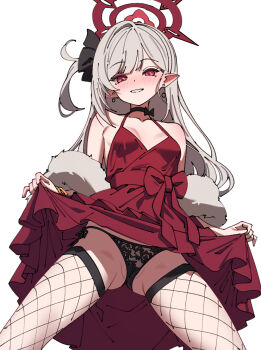 1girl area69 black_hairband black_panties blue_archive bow bow_choker choker clothes_lift dress earrings fishnet_pantyhose fishnets fur_shawl hairband halo highres jewelry lifting_own_clothes long_hair looking_at_viewer mutsuki_(blue_archive) mutsuki_(dress)_(blue_archive) official_alternate_costume panties pantyhose pearl_earrings pointy_ears red_dress red_halo shawl side-tie_panties skirt skirt_lift sleeveless sleeveless_dress smile solo string_panties underwear white_fur