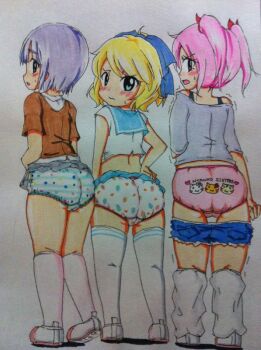 3girls ahoge animal_print aqua_eyes ass black_bra blonde_hair blue_ribbon blue_shorts blue_skirt blush bra bra_strap brown_jacket cameltoe cat_print clothes_lift clothes_pull clothes_writing denim denim_shorts embarrassed food_print from_behind fruit_print grey_skirt hair_ribbon hand_on_own_hip heart heart_print jacket kneehighs looking_at_viewer looking_back loose_socks midriff multiple_girls open_mouth original panties petsuo_(penpen) pink_eyes pink_hair pink_panties pink_socks polka_dot polka_dot_panties print_panties purple_eyes purple_hair purple_shirt red_ribbon ribbon school_uniform shirt shoes short_hair short_sleeves shorts shorts_pull skirt skirt_lift socks standing strawberry_panties strawberry_print striped_clothes striped_panties sweat tears thighhighs traditional_media twintails underwear uwabaki white_background white_panties white_shirt white_shoes white_socks white_thighhighs