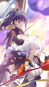 2girls absurdres balloon black_dress black_gloves black_skirt blue_eyes blue_skirt blurry blurry_background braid braided_ponytail breasts chinese_commentary cleavage closed_mouth commentary_request dress fingernails gloves hair_between_eyes hands_up highres honkai_(series) honkai_impact_3rd hood hood_down hooded_jacket jacket kiana_kaslana kiana_kaslana_(apho) kiana_kaslana_(herrscher_of_finality) kiana_kaslana_(white_comet) large_breasts long_hair looking_at_viewer madyy multicolored_hair multiple_girls official_alternate_costume one_eye_closed parted_lips purple_eyes purple_hair raiden_mei raiden_mei_(danzai_spectramancer) raiden_mei_(orochi_cuirass) self_cosplay skirt smile streaked_hair thighs white_dress