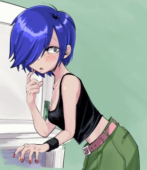 1girl belt ed_edd_n_eddy eyebrows female_focus finger_to_cheek freckles green_pants hair_over_one_eye highres leaning_forward long_bangs looking_back marie_kanker midriff nail_polish navel open_mouth pants red_nails shakata_(syakatan) sleeveless solo wristband