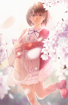 1girl absurdres bag blue_ribbon blush branch brown_eyes brown_hair cardigan cherry_blossoms chinese_commentary closed_mouth collared_dress commentary_request courangejar dress falling_petals foot_out_of_frame frilled_dress frilled_socks frills hat highres holding holding_unworn_clothes holding_unworn_hat katou_megumi long_sleeves looking_at_viewer neck_ribbon open_cardigan open_clothes outdoors petals red_cardigan red_shoes ribbon saenai_heroine_no_sodatekata shoes short_hair shoulder_bag socks standing standing_on_one_leg unworn_hat unworn_headwear white_dress white_socks