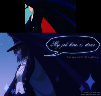 1girl bishoujo_senshi_sailor_moon cape cosplay dav-19 derivative_work english_text hat jacket lapis_lazuli_(steven_universe) meme my_job_here_is_done_(meme) screenshot_redraw shirt short_hair solo steven_universe tuxedo_kamen tuxedo_kamen_(cosplay)