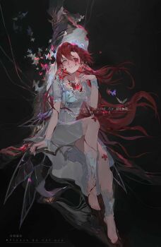 1girl absurdres barefoot belt blood blood_on_chest brown_butterfly bug butterfly butterfly_on_face chinese_commentary collarbone commentary_request commission dress fingernails frilled_dress frills full_body grey_belt grey_eyes grey_nails grey_wings hair_between_eyes hand_up highres insect legs long_hair looking_at_viewer nail_polish original parted_lips purple_butterfly qingfeng_canying red_butterfly red_hair sample_watermark short_sleeves sitting solo toes watermark white_dress wings