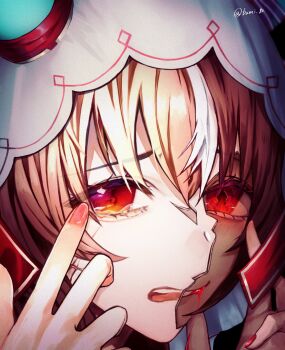 Rule 34 | 1girl, absurdres, animal ears, bami 82, bow, broken mask, brown hair, close-up, crack, cracked kawaii mask, cracked mask, ear covers, ear ribbon, hair between eyes, hand on own face, highres, horse ears, horse girl, long hair, looking at viewer, mask, open mouth, portrait, red eyes, red nails, solo, still in love (scarlet vow raiment) (umamusume), still in love (umamusume), umamusume, veil, white veil