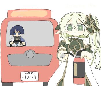 1boy 1girl :< aiming aiming_at_viewer armlet asymmetrical_sidelocks black_bodysuit black_hair blue_cape blue_eyes blue_gem blue_kimono blue_sleeves blunt_ends bodysuit bracelet braid bus cape choppy_bangs clenched_hands closed_mouth detached_sleeves dress driving fire_extinguisher gem genshin_impact gold gold_trim green_eyes green_hair green_sleeves hair_between_eyes hair_intakes hair_ornament half_crown_braid hands_up highres holding_fire_extinguisher japanese_clothes jewelry jitome juban kimono layered_sleeves leaf leaf_hair_ornament long_hair looking_at_viewer mandarin_collar motor_vehicle multicolored_hair nahida_(genshin_impact) open_clothes open_kimono pointy_ears pom_pom_(clothes) scaramouche_(genshin_impact) short_sleeves side_cape side_ponytail sidelocks steering_wheel straight-on streaked_hair umigasa vision_(genshin_impact) wanderer_(genshin_impact) white_background white_dress white_hair white_kimono white_sleeves