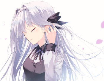 1girl black_bow black_ribbon bow braid breasts cherry_blossoms closed_eyes coffee1223 crown_braid dress hair_behind_ear hair_between_eyes hair_bow hair_intakes hand_up highres long_hair long_sleeves petals ribbon sakurakouji_luna silver_hair simple_background small_breasts smile solo tsuki_ni_yorisou_otome_no_sahou white_background white_dress