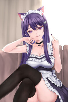 1girl absurdres alternate_costume animal_ear_fluff animal_ears apron bare_shoulders black_choker black_dress black_nails black_thighhighs breasts cat_ears cat_hair_ornament choker cleavage collarbone couch crossed_legs dress enmaided fang fang_out frilled_apron frills hair_between_eyes hair_ornament hairclip hand_on_own_cheek hand_on_own_face head_tilt highres itansen ksp_(vtuber) large_breasts long_hair maid maid_headdress meridian_project middle_finger nail_polish panties pantyshot parted_lips purple_eyes purple_hair sitting smile solo swept_bangs thighhighs thighs underwear virtual_youtuber white_apron white_panties