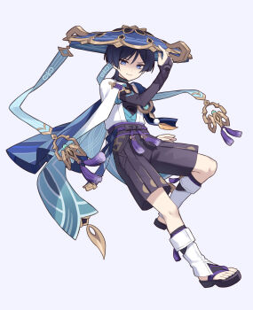 Rule 34 | 1boy, arm up, black gloves, black hair, black sandals, black shorts, blue cape, blue eyes, blue hat, cape, closed mouth, commentary, elbow gloves, fingerless gloves, full body, genshin impact, gloves, hat, highres, iroiro 0w0, looking at viewer, male focus, pleated shorts, sandals, scaramouche (genshin impact), shirt, short hair, short sleeves, shorts, smile, socks, solo, standing, standing on one leg, wanderer (genshin impact), white shirt, white socks