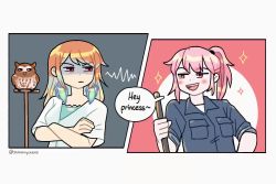 2girls :d animated bird chen_(somanychens) earrings english_text eyebrow_twitching feather_earrings feathers flirting frown gradient_hair hololive hololive_english jewelry looking_at_another mori_calliope multicolored_hair multiple_girls mythbreakers_(hololive_english) open_mouth orange_hair owl pink_hair pout shaded_face smile takanashi_kiara teeth tiara_(mythbreakers) uhu_(mythbreakers) upper_teeth_only upset victor_(mythbreakers) video virtual_youtuber world_of_darkness yuri