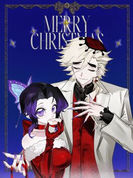 1boy 1girl alternate_costume bare_shoulders black_hair black_shirt blonde_hair breasts butterfly_hair_ornament douma_(kimetsu_no_yaiba) dress elbow_gloves fingernails gloves hair_between_eyes hair_ornament hashtag-only_commentary hat highres holding iro_hikasetsu jacket kimetsu_no_yaiba kochou_shinobu large_breasts long_hair long_sleeves looking_at_viewer merry_christmas multicolored_hair parted_bangs pink_eyes ponytail purple_hair red_dress red_gloves red_hat red_jacket santa_costume santa_dress sharp_fingernails shirt short_hair smile two-tone_hair white_hair