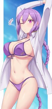 absurdres arms_up bikini blush braid braided_ponytail breasts commentary_request eltnum_(under_night_in-birth) highres large_breasts looking_at_viewer navel notice_lines one_eye_closed partial_commentary ponytail purple_bikini purple_eyes purple_hair shirt sidelocks sion_eltnam_(type-moon) soukitsu stretching swimsuit under_night_in-birth white_shirt