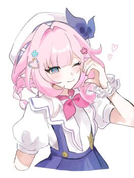 1girl ;) beret blue_eyes blue_skirt breasts cyrene_(aedes_elysiae)_(honkai:_star_rail) cyrene_(honkai:_star_rail) half-heart_hands hashtag-only_commentary hat highres honkai:_star_rail honkai_(series) looking_at_viewer multicolored_hair official_alternate_costume one_eye_closed pink_hair sato_0204 shirt short_hair simple_background skirt small_breasts smile solo suspender_skirt suspenders two-tone_hair white_background white_hair white_shirt