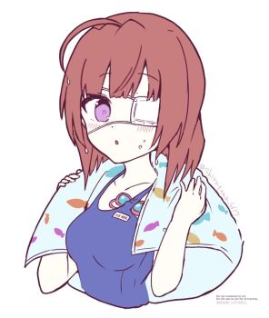 Rule 34 | 1girl, blue one-piece swimsuit, blush, brown hair, commentary, competition school swimsuit, eyepatch, heaven burns red, hiiragi kozue, medium hair, old school swimsuit, one-piece swimsuit, one eye covered, purple eyes, school swimsuit, shira 461, swimsuit