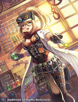 10s 1girl belt blonde_hair bottle breasts brick_wall brown-framed_eyewear brown_gloves cardfight!!_vanguard cleavage coat coat_stash company_name dutch_angle female_focus flask foreshortening glasses gloves goggles goggles_on_headwear green_eyes hat high_ponytail highleg highleg_leotard hook indoors lab_coat leotard long_hair looking_at_viewer mado*pen medium_breasts official_art open_clothes open_coat open_mouth outstretched_arm pants ponytail pouch scarf solo standing steam_doctor_enja steampunk thigh_strap tool_belt tools vial watermark window wrench
