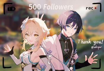 1boy 1girl absurdres anemo_symbol_(genshin_impact) bare_shoulders battery_indicator black_bodysuit black_bridal_gauntlets black_corset black_gloves black_hair blonde_hair blue_cape blue_eyes blue_kimono blue_sleeves blunt_ends blurry blurry_background bodysuit breasts bridal_gauntlets bunny_ears_prank cape choppy_bangs colored_inner_hair commentary corset detached_sleeves dress english_commentary eyelashes eyeliner feather_hair_ornament feathers flower gem genshin_impact gloves gold gold_ring grey_gem grey_hair grin hair_flower hair_intakes hair_ornament hand_up highres japanese_clothes juban kimono layered_sleeves looking_at_viewer lumine_(genshin_impact) makeup mandarin_collar medium_breasts middle_ring milestone_celebration multicolored_hair open_clothes open_hand open_kimono open_mouth partially_fingerless_gloves pom_pom_(clothes) purple_hair red_eyeliner scaramouche_(genshin_impact) scarf short_hair short_hair_with_long_locks short_sleeves shoulder_peek sideboob sidelighting sidelocks smile streaked_hair thank_you tsurime twitter_username viewfinder vision_(genshin_impact) wanderer_(genshin_impact) whisper_(suisuibingtang) white_dress white_feathers white_flower white_kimono white_scarf white_sleeves white_trim yellow_eyes