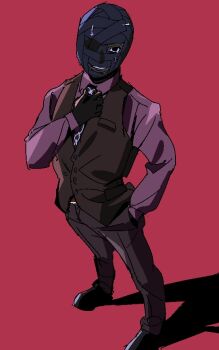 Rule 34 | 1boy, adjusting clothes, adjusting necktie, bandage on face, bandage over one eye, bandaged head, bandages, black necktie, black vest, collared shirt, commentary request, dress shirt, from above, hand in pocket, long sleeves, looking at viewer, looking up, male focus, moyosan, necktie, parted lips, patterned clothing, purple shirt, red background, red eyes, saiki gouto, shirt, smile, solo, standing, tsukihime, tsukihime (remake), vest, wing collar