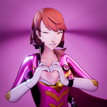 1girl 3d amateurthrowaway breasts brown_eyes brown_hair heart heart_hands highres looking_at_viewer medium_breasts nipples one_breast_out one_eye_closed persona persona_3 solo takeba_yukari wink