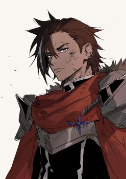 Rule 34 | 1boy, armor, black shirt, breastplate, brown eyes, brown hair, commentary request, dark-skinned male, dark skin, dirty, dirty face, earrings, forbartz xylo, highres, jewelry, looking to the side, male focus, pauldrons, piercing, scar, scar across eyebrow, scar on face, shirt, short sideburns, shoulder armor, sideburns, sideways glance, simple background, solo, upper body, uraki (tetsu420), white background, yuushakei ni shosu