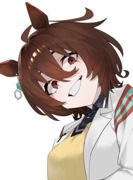 1girl agnes_tachyon_(tach-nology)_(umamusume) agnes_tachyon_(umamusume) animal_ears arril100 brown_eyes brown_hair coat commentary grin hair_between_eyes highres horse_ears horse_girl lab_coat short_hair simple_background smile solo sweater_vest teeth umamusume upper_body white_background white_coat yellow_sweater_vest