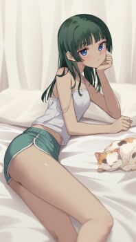 1girl ass blue_eyes breasts cat closed_mouth dolphin_shorts expressionless hand_on_own_chin highres kusuriya_no_hitorigoto looking_at_viewer loose_clothes loose_shirt lying maomao_(kusuriya_no_hitorigoto) on_side profnote shirt shorts small_breasts solo