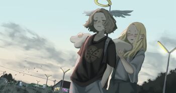 2girls black_shirt blonde_hair blue_eyes blush brown_hair building commentary_request embarrassed evening fake_halo fake_wings food_print gradient_sky halo hands_in_pockets head_wings highres lamppost multiple_girls original outdoors pizza_print power_lines print_shirt shirt sky t-shirt wings yoshiryuu