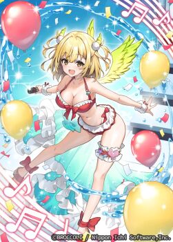 1girl balloon beamed_eighth_notes beamed_sixteenth_notes bikini blonde_hair breasts cana_(z/x) cleavage confetti copyright_notice eighth_note feathered_wings frilled_bikini frilled_thigh_strap frills green_wings hair_ornament medium_hair musical_note musical_staff official_art open_mouth pom_pom_(clothes) pom_pom_hair_ornament quarter_note solo splashing swimsuit teeth thigh_strap two_side_up upper_teeth_only wings yaki_mayu yellow_eyes z/x