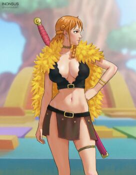 1girl bangle belt belt_buckle blurry blurry_background bracelet braid breasts brown_eyes brown_loincloth buckle capelet choker cleavage closed_mouth collarbone commentary crop_top curvy earrings feet_out_of_frame fur_capelet gold_bangle gold_choker half_up_braid hand_on_own_hip highres inonsusart jewelry large_breasts lego lego_brick lips loincloth long_hair looking_to_the_side midriff nami_(one_piece) nami_(one_piece)_(elbaf) navel official_alternate_costume official_alternate_hairstyle one_piece orange_hair pearl_earrings people pink_lips profile revealing_clothes single_braided_sidelock solo standing straight-on sword sword_on_back thigh_strap tree twitter_username weapon weapon_on_back wide_hips yellow_capelet