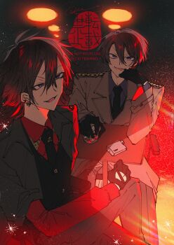 2boys absurdres black_gloves black_hair black_sheep_town black_vest blue_eyes blue_shirt brown_jacket collared_shirt commission confure cup drinking_glass earrings elbow_on_table epaulettes feet_out_of_frame formal_clothes gloves hand_on_own_chin head_rest highres holding holding_cup jacket jacket_on_shoulders jewelry lapels light_particles long_sleeves looking_at_viewer ma_saiki male_focus multiple_boys red_shirt shadow shirt short_hair sitting skeb_commission smile suit table vest xie_liang_(black_sheep_town)