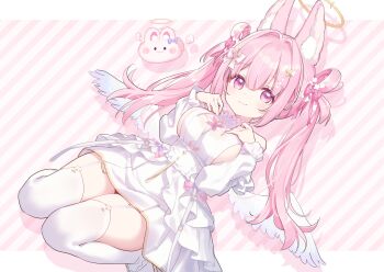 1girl :3 absurdres angel_wings animal_ear_fluff animal_ears bow breasts commission detached_sleeves diagonal-striped_background dress dress_bow drop_shadow dutch_angle feathered_wings feet_out_of_frame frills garter_straps hair_bow hair_intakes hair_ornament hair_ribbon hair_rings halo halter_dress halterneck hands_on_own_chest hands_up heart heart_in_eye highres hiraga_matsuri indie_virtual_youtuber large_breasts layered_dress long_hair looking_at_viewer low-cut_armhole mascot nayomi_(vtuber) over-kneehighs pink_bow pink_eyes pink_hair rabbit_ears rabbit_girl ribbon short_dress sideboob sidelocks sitting skeb_commission sleeveless sleeveless_dress star_(symbol) star_hair_ornament striped_background symbol_in_eye thighhighs twintails wariza white_bow white_dress white_thighhighs wings yellow_halo