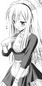 1girl apron averting_eyes blush cowboy_shot dress floral_background frilled_dress frills gloves hair_between_eyes komiya_yuuta long_hair maid maid_headdress non-web_source original raised_inner_eyebrows sawatari_ranna solo standing straight_hair sweat waist_apron white_gloves