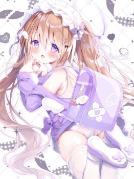 1girl ass backpack bag blush bra brown_hair cameltoe commentary_request hairband haru_ichigo heart heart_hands highres legs_up loli lolita_hairband long_hair no_pants off_shoulder open_mouth original panties pink_eyes purple_shirt purple_shoes randoseru shirt shoes smile solo thighhighs thighs training_bra twintails underwear white_bra white_panties white_thighhighs