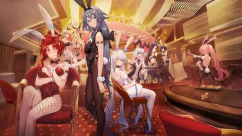 3d 6+girls absurdly_long_hair ahoge animal_ears anniversary armpits arms_up backless_leotard bare_shoulders black_bow black_bowtie black_hair black_leotard black_necktie black_pantyhose black_shoes black_thighhighs blonde_hair blue_eyes blue_hair bob_cut bow bowtie braid braided_ponytail breasts brown_hair cleavage collarbone commentary concert copyright_name dancing durandal_(honkai_impact) fake_animal_ears fake_tail fishnet_thighhighs fishnets fox_ears fu_hua full_body glowing glowing_eyes hair_bow hair_ornament hair_over_one_eye hairclip heart heart_hands high_heels highres honkai_(series) honkai_impact_3rd indoors kallen_kaslana kiana_kaslana kiana_kaslana_(herrscher_of_the_void) latex latex_leotard leotard long_hair looking_at_viewer mikumikudance_(medium) multiple_girls murata_himeko necktie non-web_source official_art pantyhose pink_hair playboy_bunny ponytail purple_hair rabbit_ears rabbit_tail raiden_mei raiden_mei_(herrscher_of_thunder) red_eyes red_leotard resized rita_rossweisse seele_vollerei shoes short_hair single_thighhigh strapless strapless_leotard tail thighhighs third-party_source upscaled very_long_hair white_hair white_leotard white_thighhighs wrist_cuffs yae_sakura yellow_eyes yellow_leotard