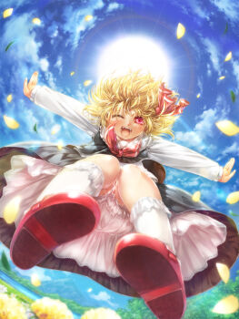 1girl black_skirt black_vest blonde_hair bloomers blue_sky blush bow bowtie cloud commentary_request falling flower from_below full_body hair_bow jumping long_sleeves looking_at_viewer misaki_(kyal_001) one_eye_closed open_mouth outstretched_arms petals red_bow red_bowtie red_eyes red_shoes rumia shirt shoes short_hair skirt skirt_set sky smile socks solo spread_arms sun touhou underwear vest white_bloomers white_shirt white_socks yellow_flower