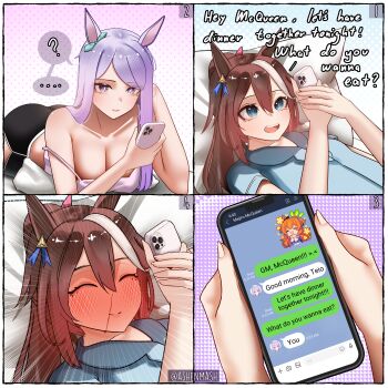 2girls absurdres alternate_breast_size_(larger) animal_ears ashenmash blood blue_eyes blue_shirt blush bow brown_hair camisole cellphone chat_log commentary dolphin_shorts ear_bow ear_ornament ear_ribbon emoji english_text full-face_blush hair_between_eyes high_ponytail highres holding holding_phone horse_ears horse_girl long_hair looking_at_phone mayano_top_gun_(umamusume) mejiro_mcqueen_(umamusume) multicolored_hair multiple_girls nosebleed on_bed phone pillow pink_camisole ponytail purple_eyes purple_hair shirt shorts smartphone smile streaked_hair text_messaging timestamp tokai_teio_(umamusume) twitter_username two-tone_hair umamusume white_hair yuri