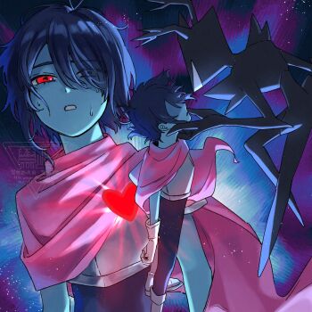 2others ake_blood armor black_unitard blue_hair blue_skin cape colored_skin commentary deltarune gauntlets hair_over_one_eye heart highres kris_(dark_world)_(deltarune) kris_(deltarune) multiple_others pink_cape red_eyes roaring_knight short_hair soul_(deltarune) star_(sky) sweat symbol-only_commentary utdr_(toby_fox)