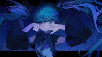1girl blue_background blue_eyes blue_hair closed_mouth commentary_request detached_sleeves hatsune_miku highres letterboxed long_hair looking_at_viewer mawarusanso messy_hair necktie patchwork_clothes safety_pin solo torn_clothes torn_sleeves twintails upper_body very_long_hair vocaloid