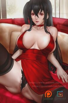 1girl areola_slip azur_lane bad_id bad_twitter_id black_hair breasts dress gumroad_logo gumroad_username highres large_breasts navel official_alternate_costume panties parted_lips patreon_logo patreon_username pussy red_dress sherylnome solo spread_legs taihou_(azur_lane) taihou_(forbidden_fruit)_(azur_lane) thighhighs thighs uncensored underwear