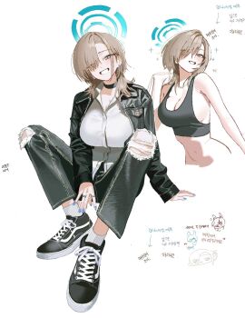 1girl alternate_costume alternate_hair_length alternate_hairstyle anyak05 asuna_(blue_archive) bare_shoulders black_jacket black_pants black_shoes blue_archive blue_eyes blue_halo blush breasts choker cleavage commentary dated_commentary denim denim_jacket english_commentary grin hair_over_one_eye halo highres jacket jeans large_breasts long_hair looking_at_viewer navel pants shirt shoes sideboob sitting smile sneakers solo torn_clothes torn_jeans torn_pants white_shirt