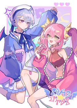 2girls absurdres ahoge anger_vein bandaid bandaid_on_leg black_shorts blue_bow blue_hair blue_jacket blush bow breasts controller crop_top demon_girl demon_wings dress duel_monster feet_out_of_frame game_controller green_eyes hair_between_eyes hair_ornament heart highres holding holding_controller jacket ki-sikil_(yu-gi-oh!) lil-la_(yu-gi-oh!) live_twin_ki-sikil live_twin_lil-la long_hair long_sleeves medium_breasts multiple_girls navel open_clothes open_jacket open_mouth pink_hair pink_jacket pink_nails purple_eyes short_hair short_shorts shorts sleeves_past_wrists smile spiked_hair_ornament stomach stuffed_animal stuffed_shark stuffed_toy twintails user_tukt4745 very_long_hair white_dress wings yu-gi-oh!