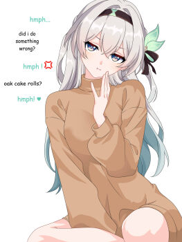 Rule 34 | 1girl, absurdres, anger vein, black hairband, blue eyes, brown shirt, commentary, english commentary, english text, firefly (honkai: star rail), gradient hair, green hair, grey hair, hair between eyes, hair ornament, hairband, highres, honkai: star rail, honkai (series), maxwelzy, multicolored hair, pout, shirt, simple background, sitting, solo, white background