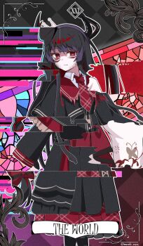 1girl black_dress black_hair black_hat bow braid braided_twintails commentary cracked_skin crown dark_skin dress extra_horns frilled_dress frills glitch hair_bow haishin_shoujo_no_uraaka_meikyuu hat highres japanese_clothes kimono looking_at_viewer mahou_shoujo_no_inshuu_mura mahou_shoujo_no_majo_saiban mononobe_nekuro mosaic_pattern necktie nikaido_hiro official_alternate_costume red_eyes red_necktie revealing_layer snake_hair solo spoilers stained_glass tarot the_world_(tarot) white_kimono witch_(manosaba)